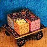 Handcrafted Wooden Painted 4 Compartments Serving Cart Trolley Tray with Containers Jars