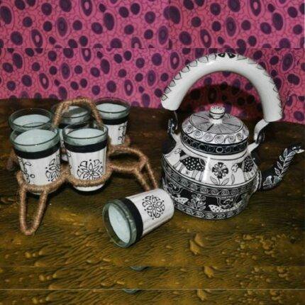 Handicraft kettle set wooden tray and 6 glass with Iron Stand White Black