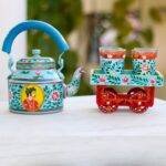 Hand Painted Tea Kettle Set with 4 Glasses Rajaji