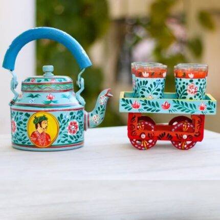 Hand Painted Tea Kettle Set with 4 Glasses Rajaji