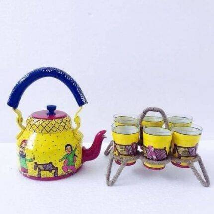Handicraft kettle set wooden tray and 6 glass with Iron Stand Lemon Yellow