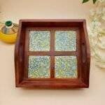 Wooden Blue Pottery Tile Serving Tray