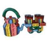 Hand Painted Tea Kettle Set with 4 Glasses Multicolor