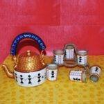 Handicraft kettle set wooden tray and 6 glass with Iron Stand White