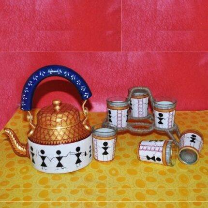 Handicraft kettle set wooden tray and 6 glass with Iron Stand White