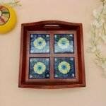 Rajasthani Wooden and Blue Pottery Tile Tray