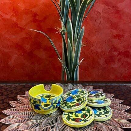 Designer Blue Pottery Coasters set of 6 with holder