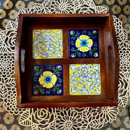Wooden Blue Pottery Tile Tray
