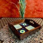 Wooden Blue Pottery Tile Tray - Image 2