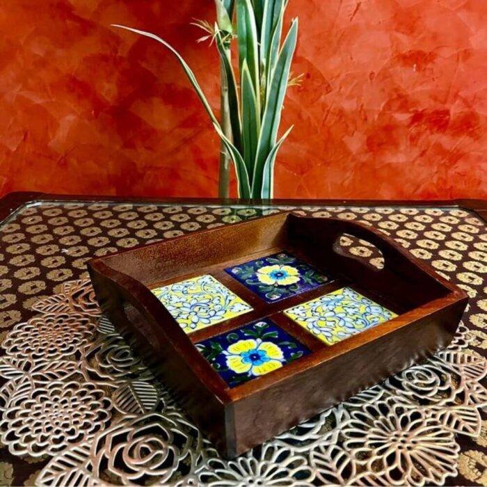 Wooden Blue Pottery Tile Tray - Image 2