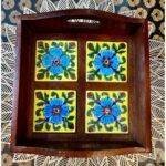 Rajasthani Wood and Blue Pottery Tile Tray