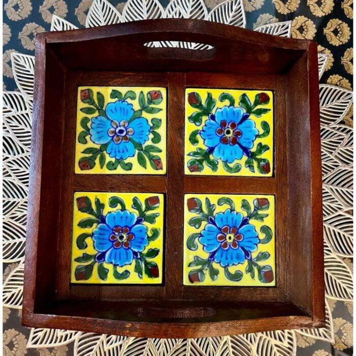 Rajasthani Wood and Blue Pottery Tile Tray - Rajasthani Haat