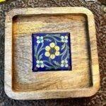 Designer Wood and Blue Pottery Tray - Image 2