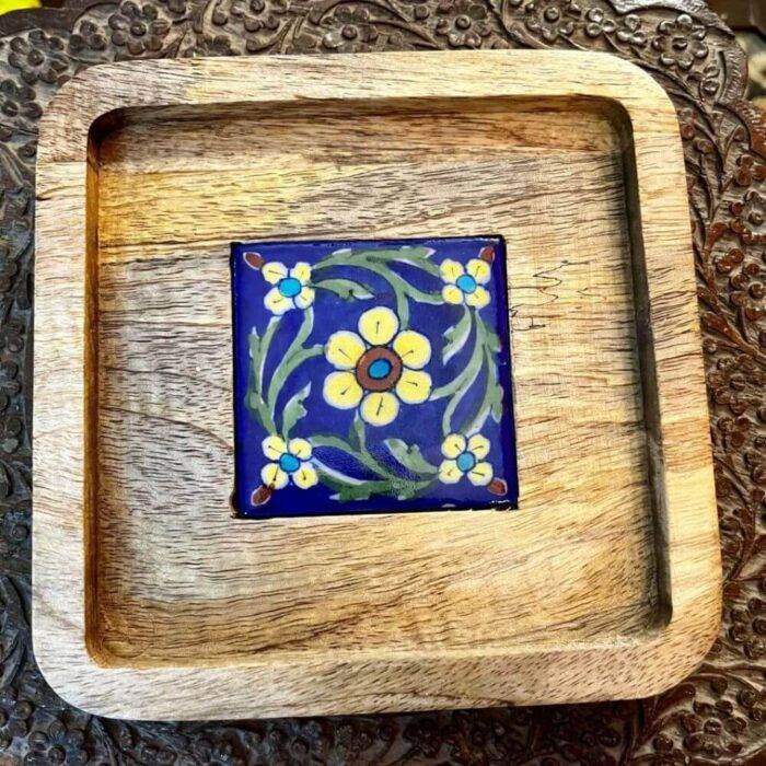 Designer Wood and Blue Pottery Tray - Image 2