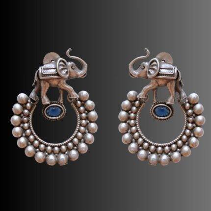 Oxidized Elephant Earring with Blue Stone