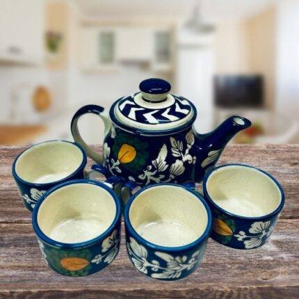 Hand Painted Blue Pottery Kettle Set