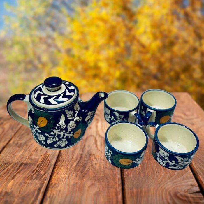 Hand Painted Blue Pottery Kettle Set - Image 2