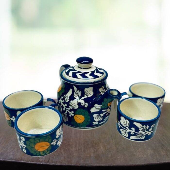 Hand Painted Blue Pottery Kettle Set - Image 3