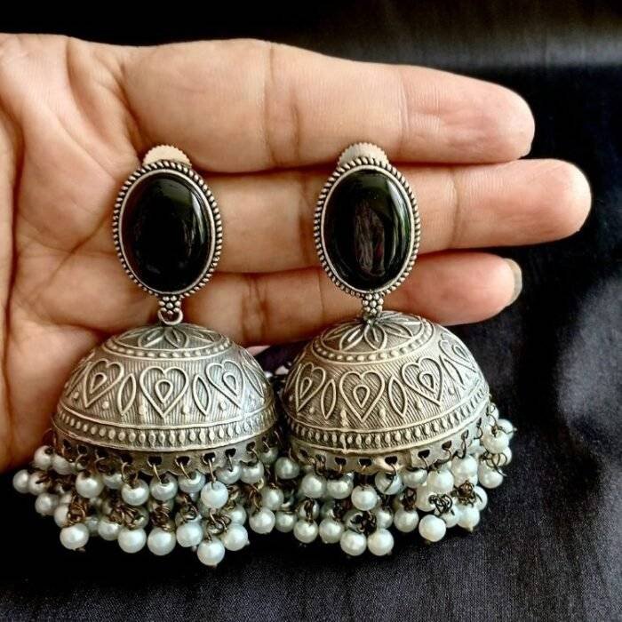 Contemporary Silver Color Jhumka Earrings - Image 2