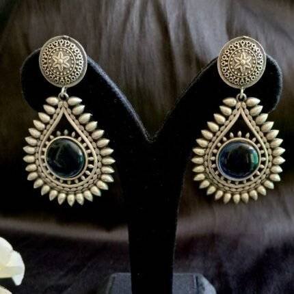 Brass Paan Shape Blue Stone Earrings