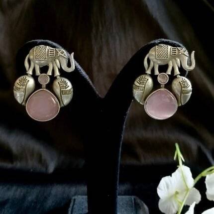 Brass Elephant Pink Stone Earrings