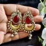 Brass Traditional Earrings Maroon - Image 2