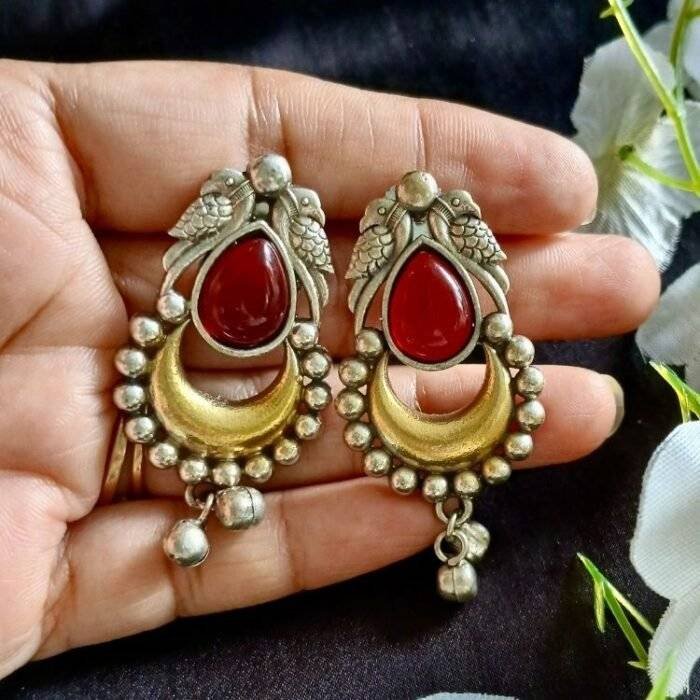 Brass Traditional Earrings Maroon - Image 2