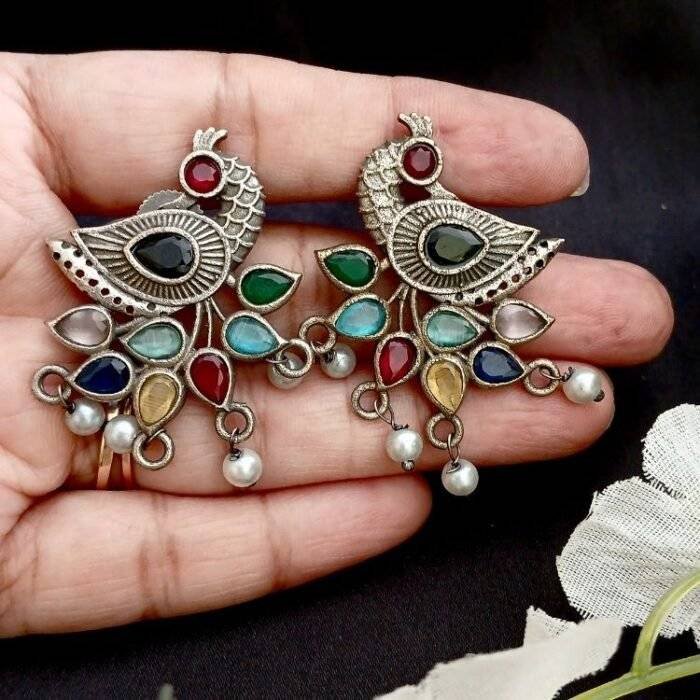 MultiColor Stone Peacock Earrings - Image 2
