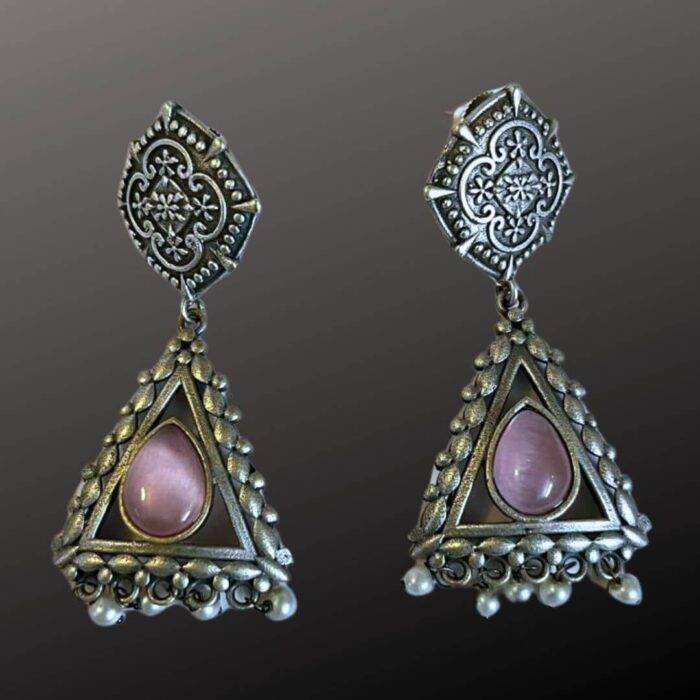 Pink Stone Triangle Earrings - Image 2