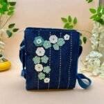 Jute Sling Bag Blue with Blue Flowers - Image 3