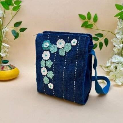Jute Sling Bag Blue with Blue Flowers