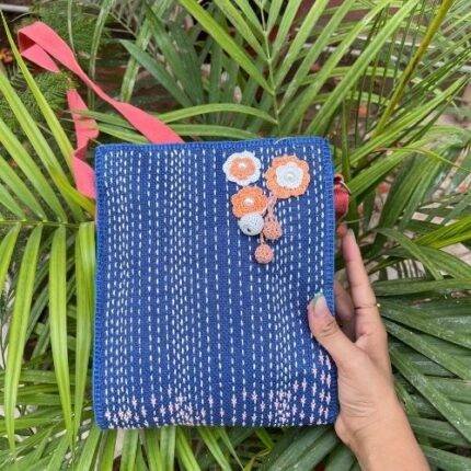 Jute Sling Bag Blue with Flowers