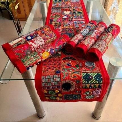 Red Rajasthani Patchwork Table Runner and 6 Mats Set