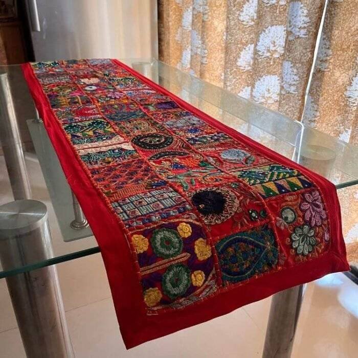Red Rajasthani Patchwork Table Runner and 6 Mats Set - Image 4