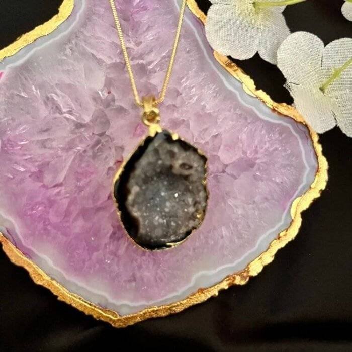Black Oval Druzy Agate Slice Necklace - Image 5