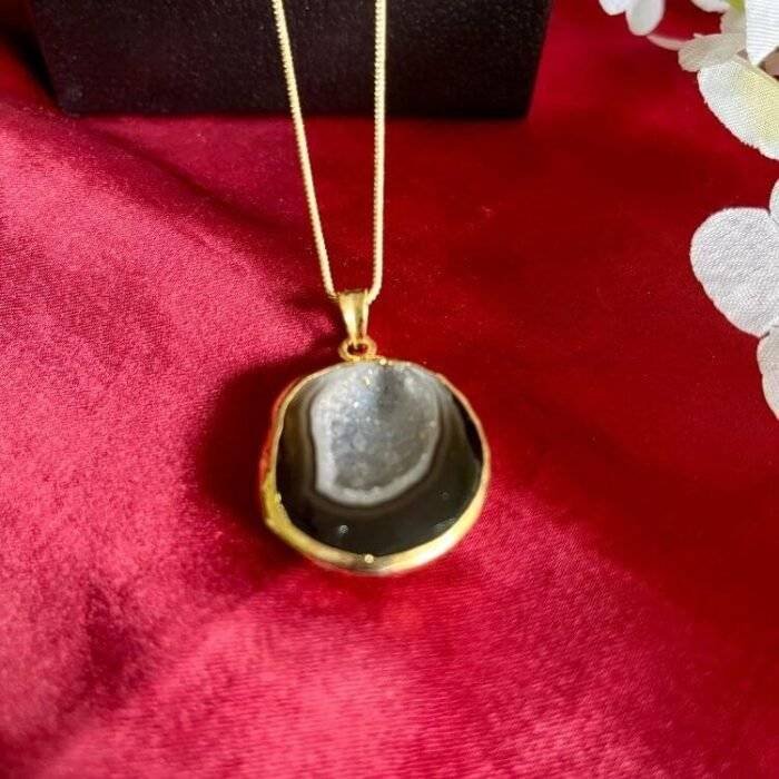 Black Round Druzy Agate Slice Necklace - Image 5