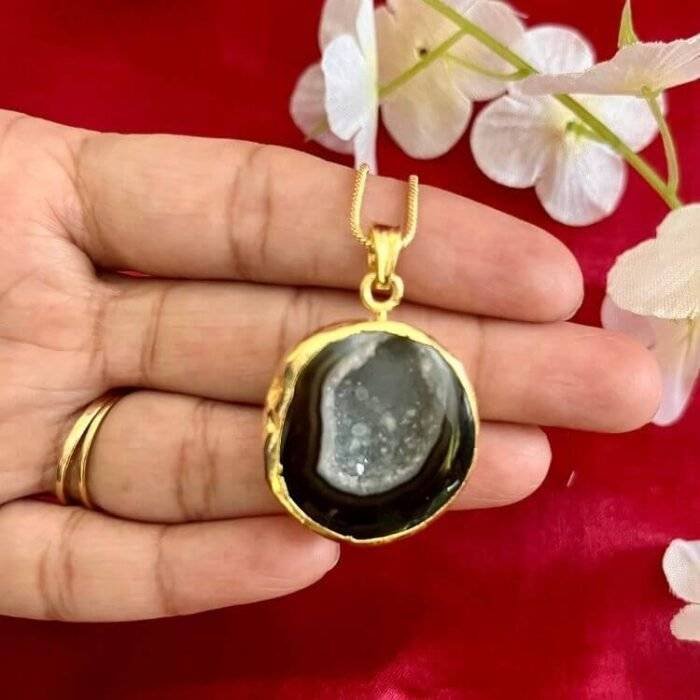 Black Round Druzy Agate Slice Necklace - Image 2