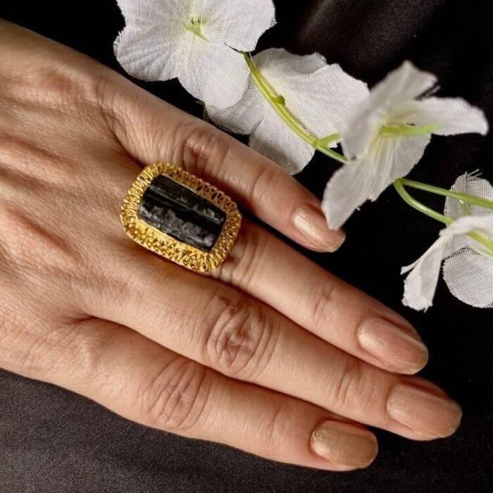 Black Tourmaline Raw Stone Ring - Image 2