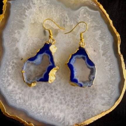Blue Druzy Agate Slice Earring Set