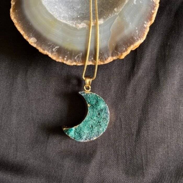 Green Druzy Crystal Moon Shaped Necklace - Image 2