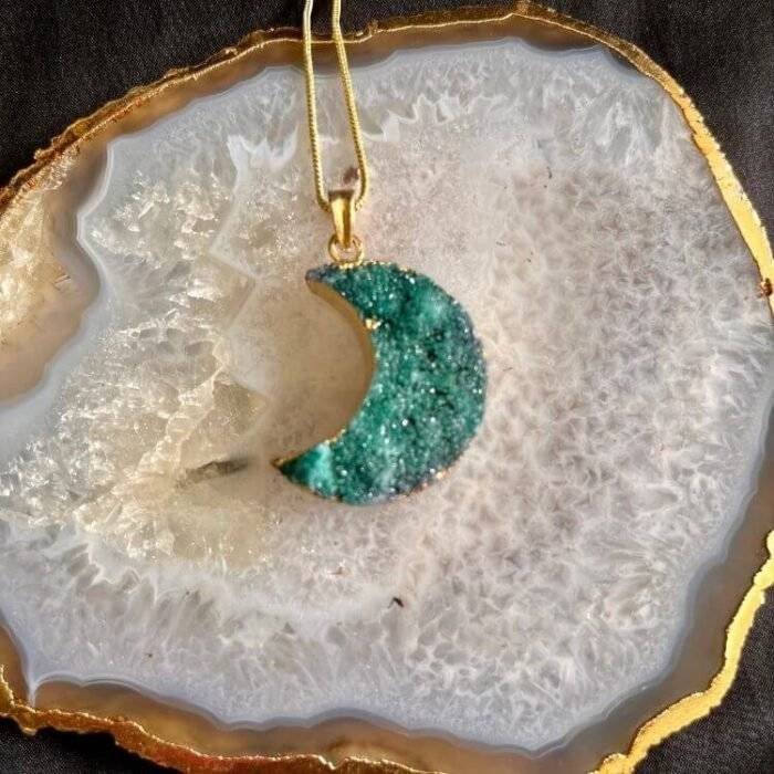Green Druzy Crystal Moon Shaped Necklace - Image 4