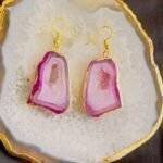 Pink Druzy Agate Slice Earring Set