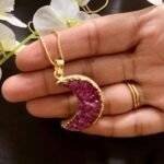 Pink Druzy Crystal Moon Shaped Necklace - Image 6