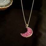 Pink Druzy Crystal Moon Shaped Necklace - Image 5