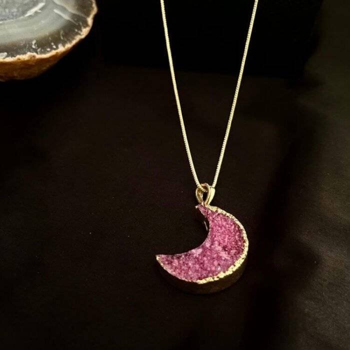 Pink Druzy Crystal Moon Shaped Necklace - Image 5