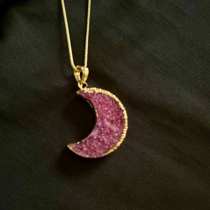 Pink Druzy Crystal Moon Shaped Necklace - Image 4