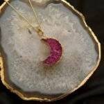 Pink Druzy Crystal Moon Shaped Necklace - Image 3