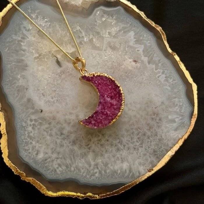 Pink Druzy Crystal Moon Shaped Necklace - Image 3