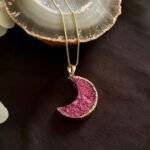Pink Druzy Crystal Moon Shaped Necklace - Image 2