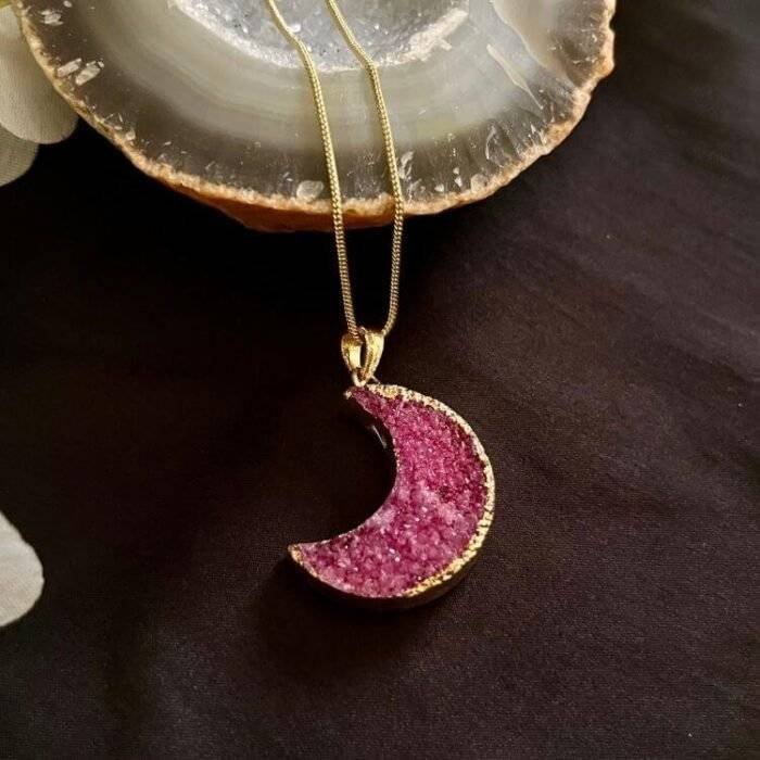 Pink Druzy Crystal Moon Shaped Necklace - Image 2